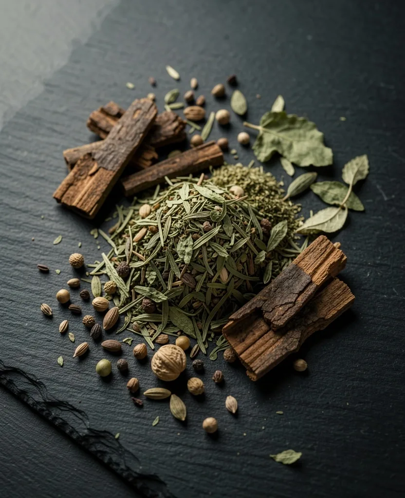 Dried botanical herbs arranged on dark surface