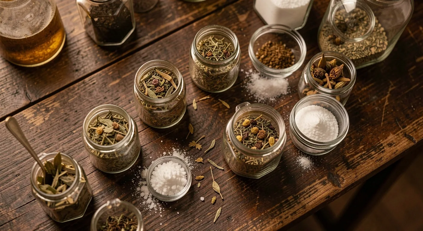 Apothecary arrangement of herbs and minerals
