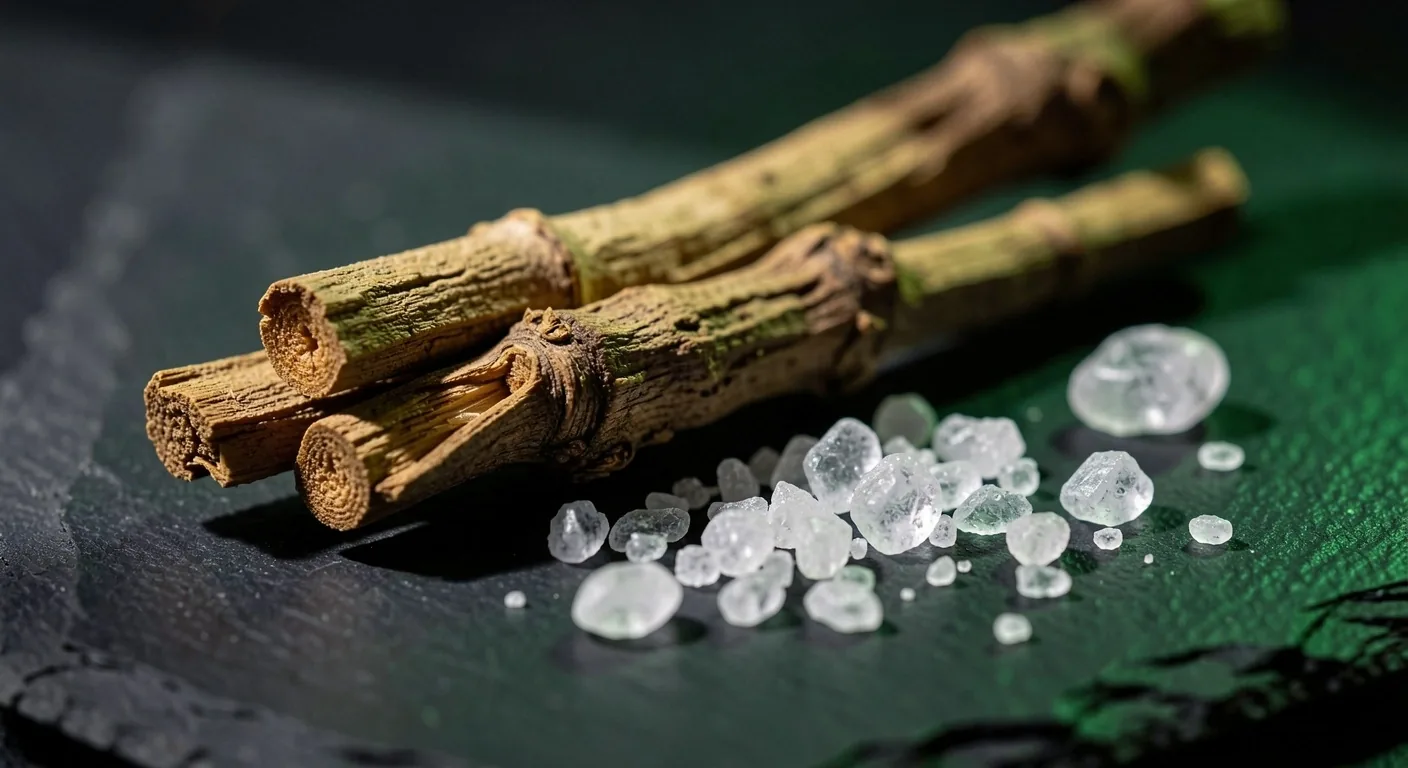 Botanical roots and mineral crystals on a dark surface