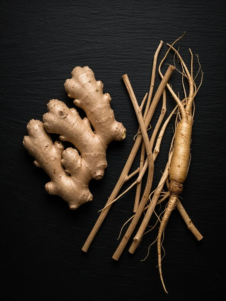 Ginger and ginseng on a dark tray