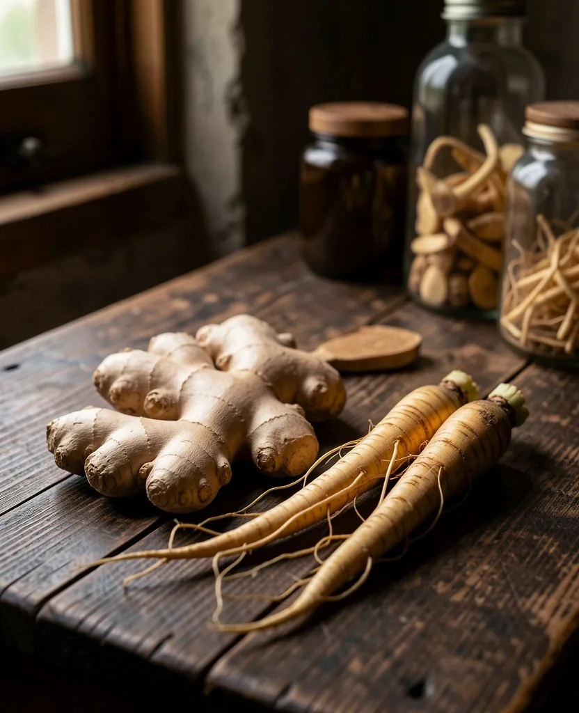 Indonesian ginger and ginseng roots on wood