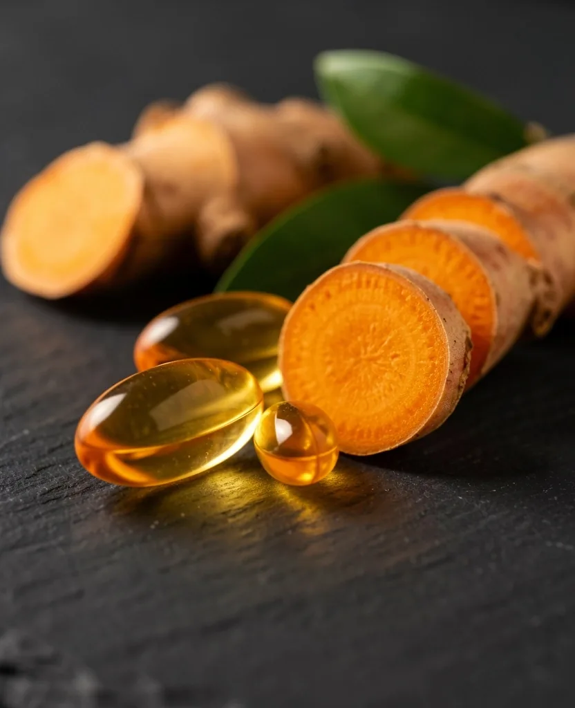 Omega-3 softgels and turmeric root on dark surface