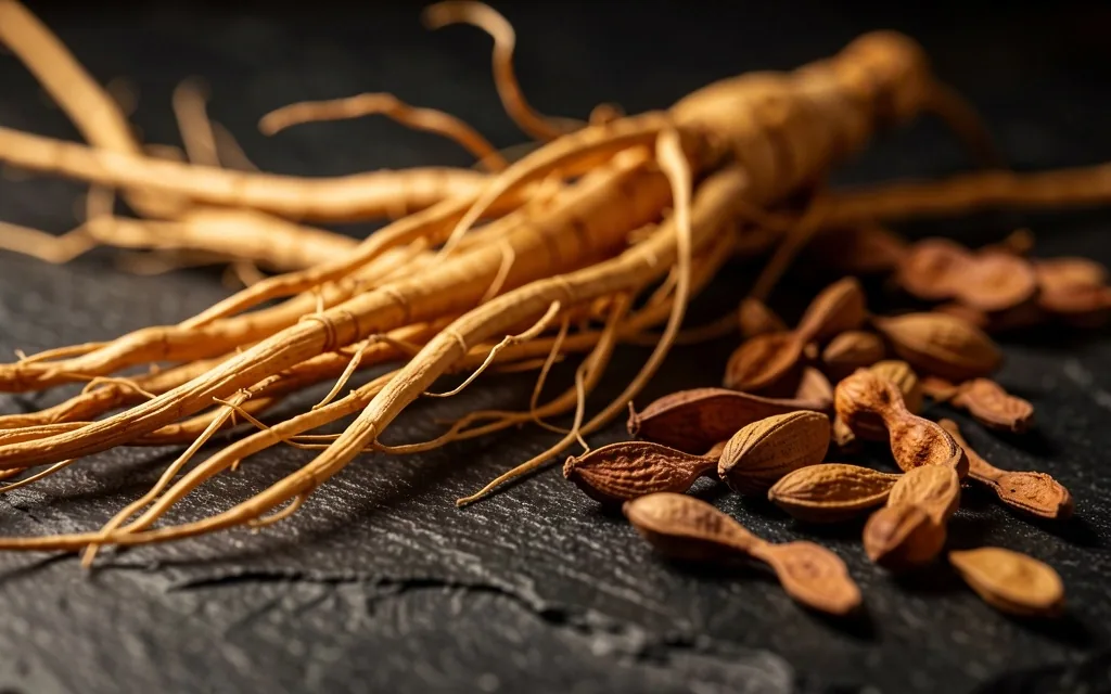 Panax ginseng and tribulus herbs on stone